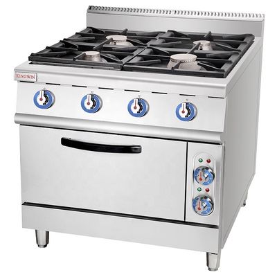 Potente estufa de gas de cocina comercial de 4 quemadores con cajón más caliente y control manual