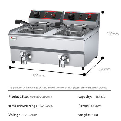 Fritero eléctrico de doble depósito con válvula de aceite y rango de temperatura de 60 a 200 grados