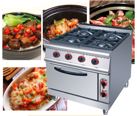 Estufas de gas de acero inoxidable y horno eléctrico para cocina de hotel con 4 quemadores y horno