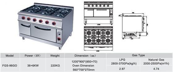 Comercial 6 quemadores horno de gas Range estufa 220KG Capacidad y tensión V LPG2800PA