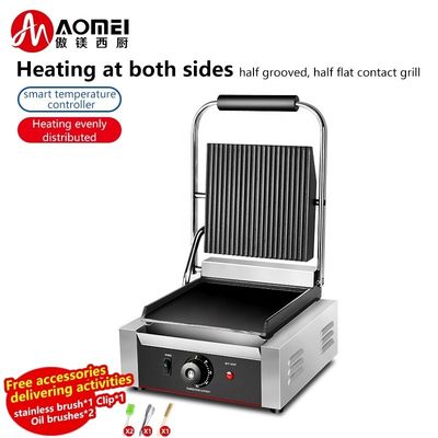 Potente parrilla eléctrica de hamburguesas con superficie de hierro fundido grueso, superior con ranuras / inferior plana
