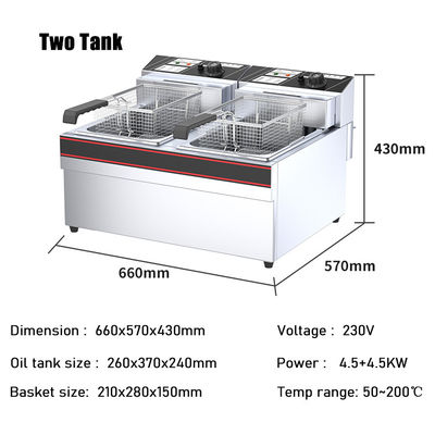 220V/110V Comerciante de acero inoxidable eléctrico de doble depósito de doble canasta de pavo frito profundo 21 KG