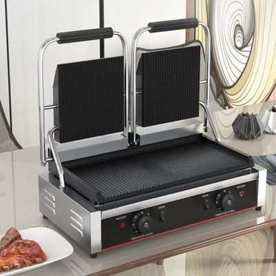Grill de contacto de mesa comercial de 3600W Sandwich Press Panini Grill en plata negra