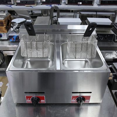 Frigorífico de gas licuado de acero inoxidable de 2 depósitos y 2 cestas para freír con gas comercial de 12 litros