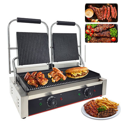Grill eléctrico comercial con ranuras completas con prensa de hamburguesas Panini de hierro fundido antiadhesivo